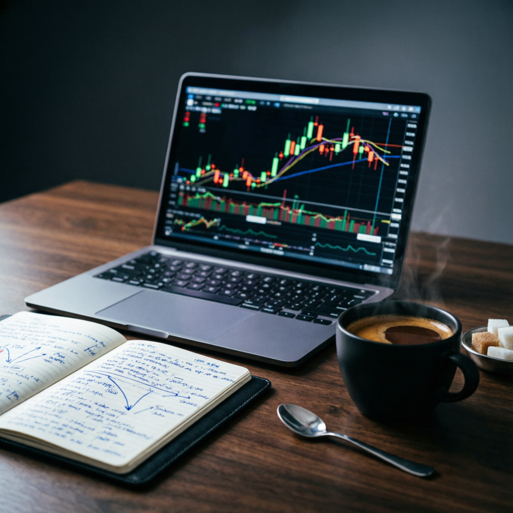 Professional trading strategy workspace with charts and analysis notebook