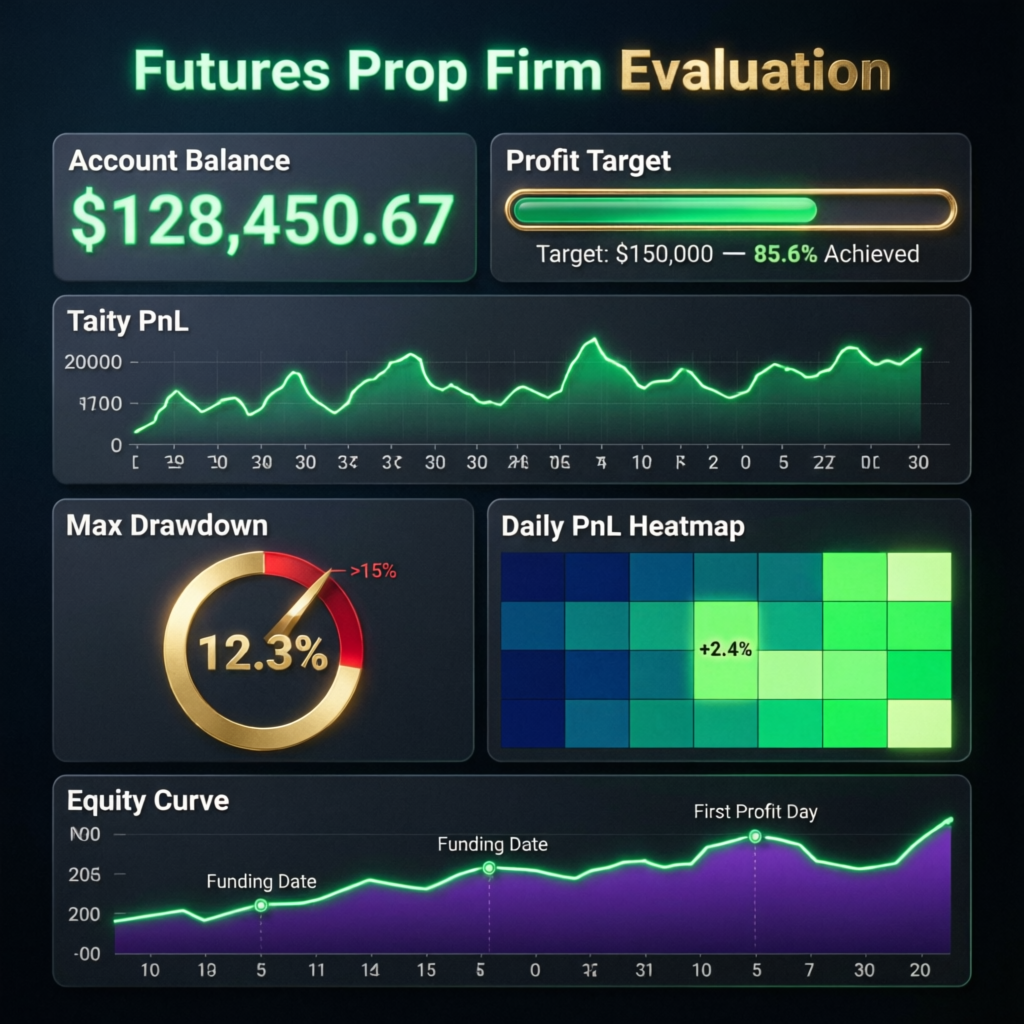 Apex Trader Funding evaluation dashboard showing drawdown metrics and PnL