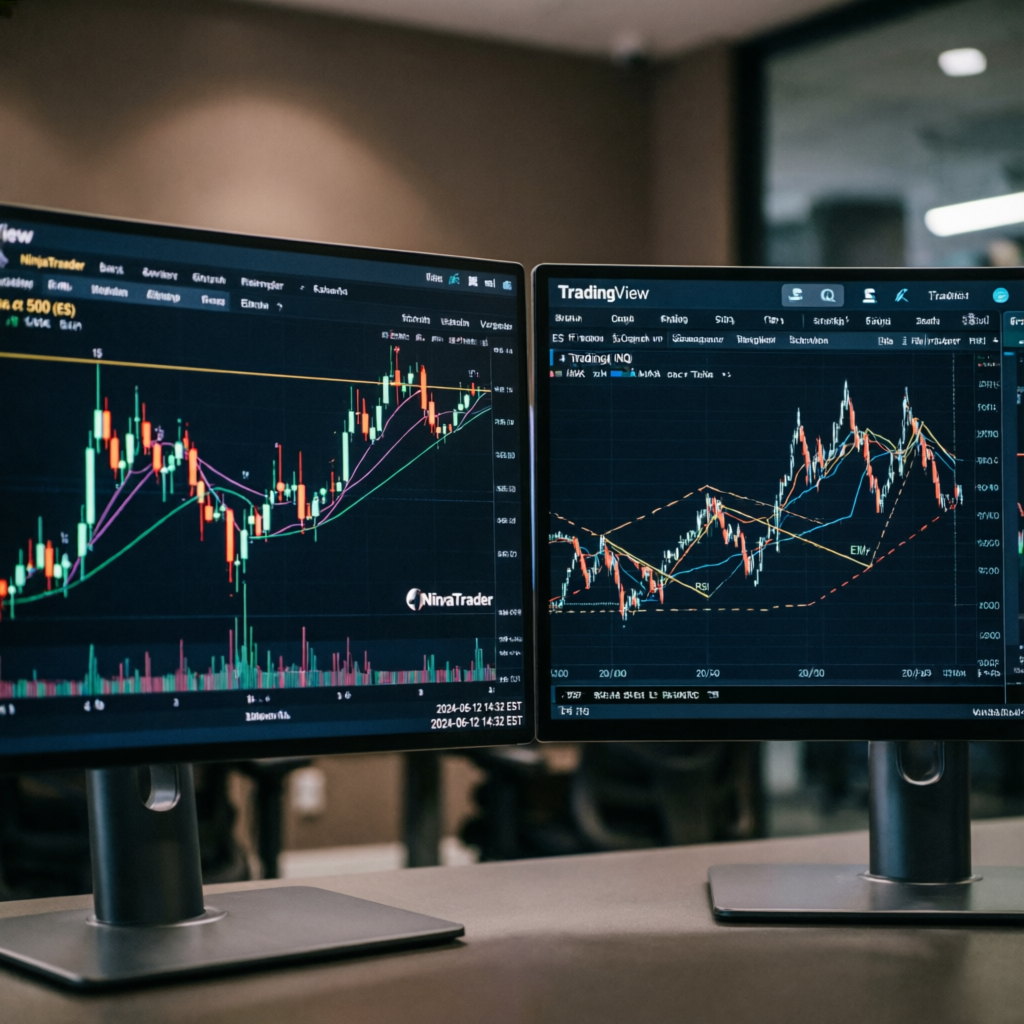 NinjaTrader and TradingView dual monitor setup for Apex Trader Funding