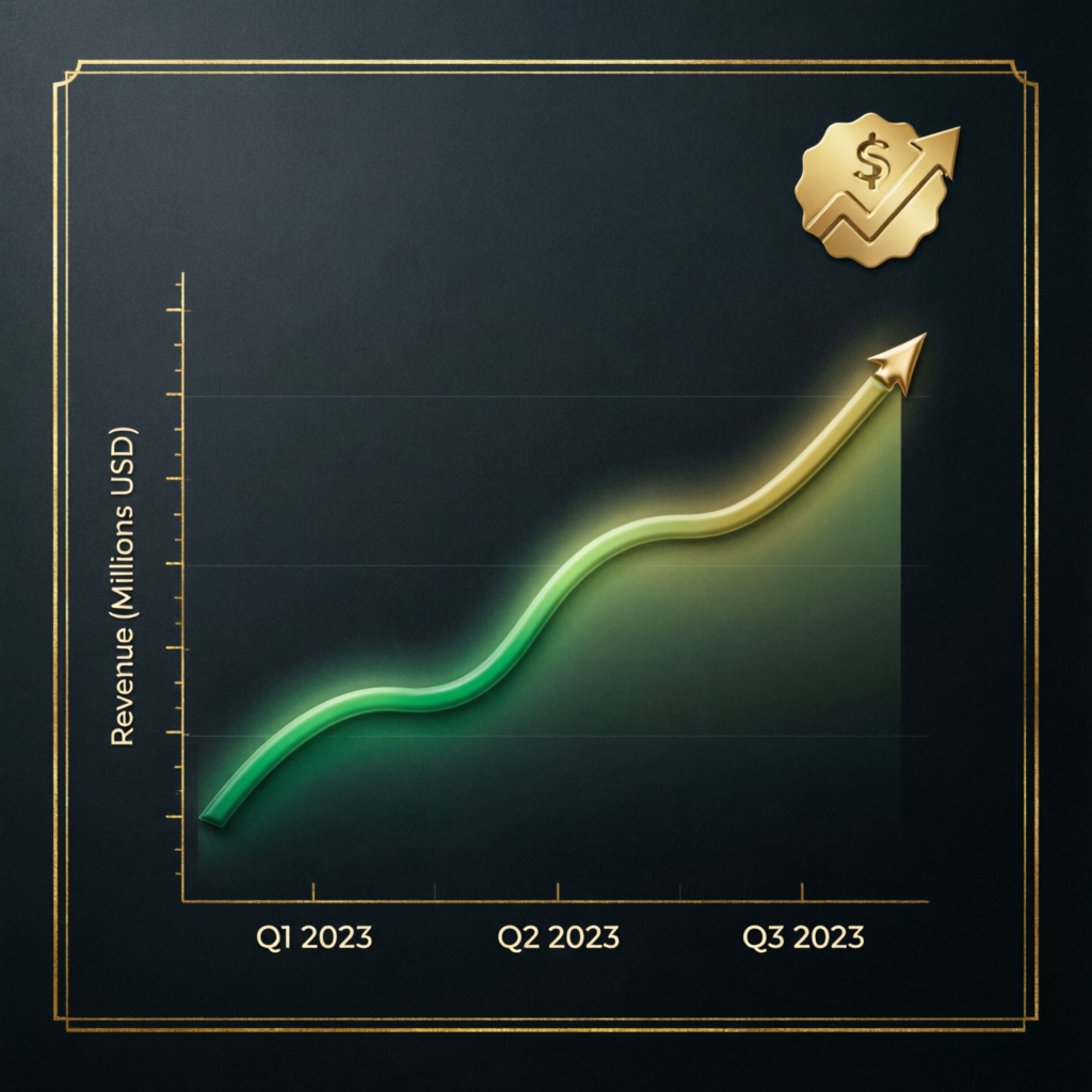 Financial growth chart showing upward revenue trajectory with gold accents