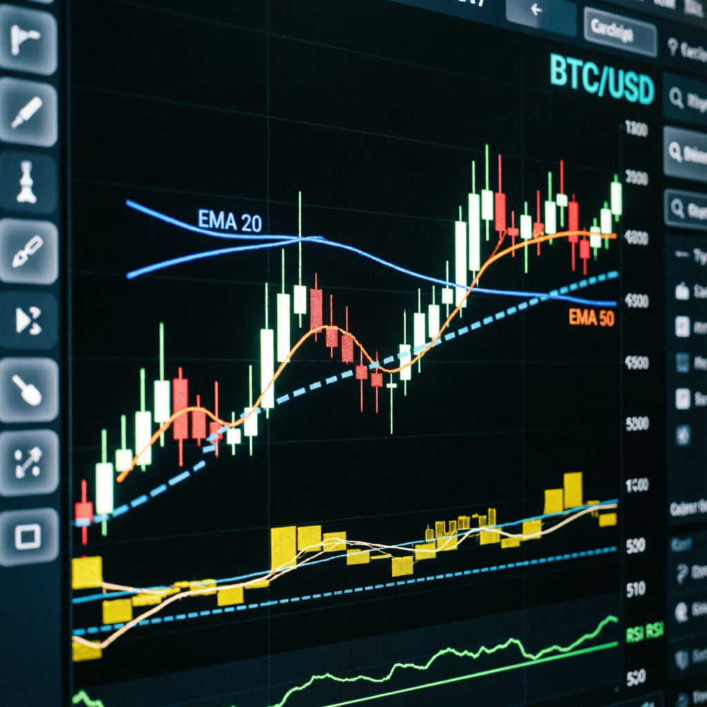TradingView charting platform with technical indicators and EMA overlays