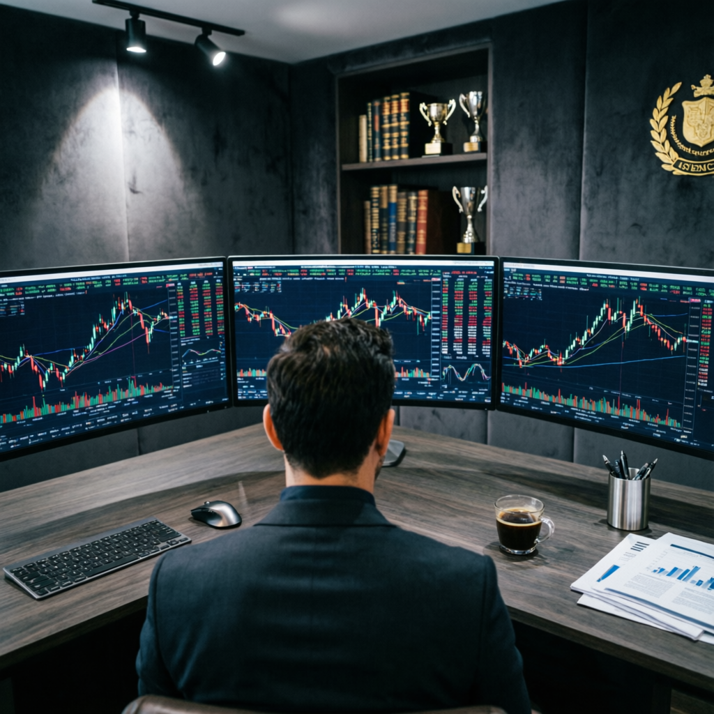 Professional trader workspace with multiple monitors showing trading charts and analysis