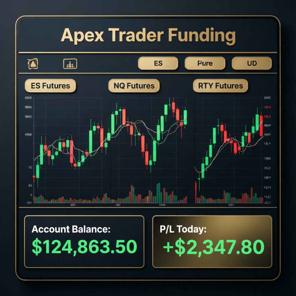 Apex Trader Funding Dashboard showing ES, NQ, and RTY futures charts with account balance and profit/loss display