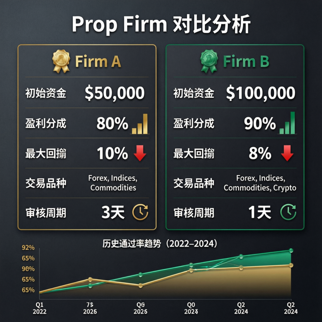 Prop firm comparison analysis showing different firms side by side with metrics