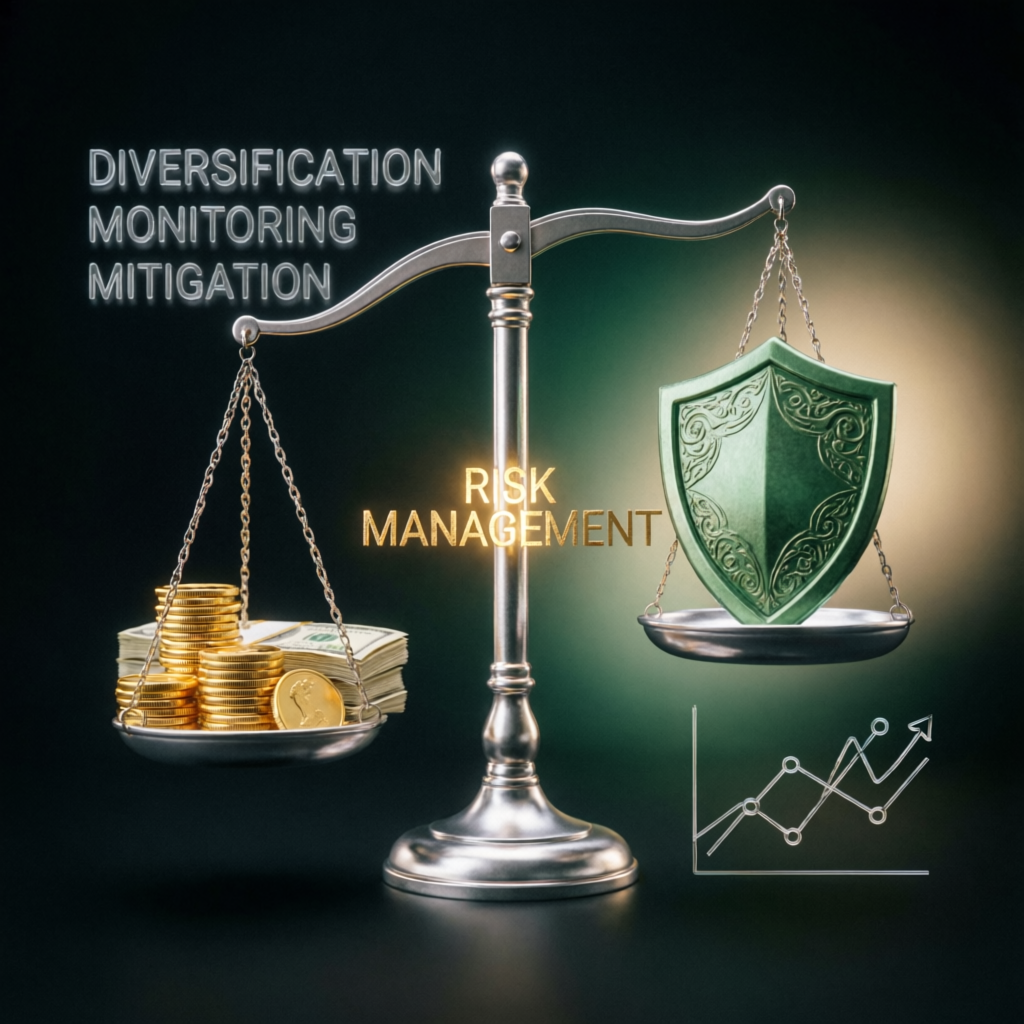 Risk management concept with balance scale showing money and shield protection