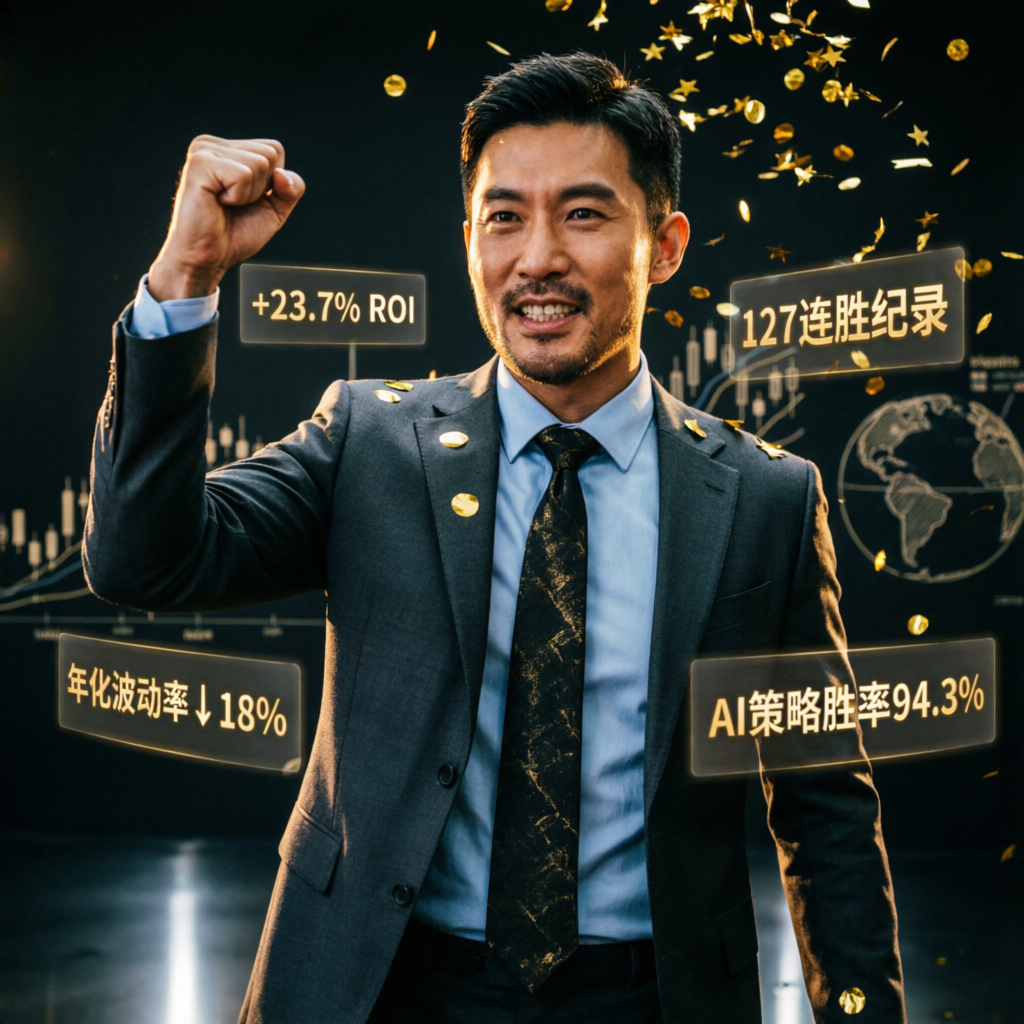 Successful trader celebrating achievement with ROI and success metrics displayed