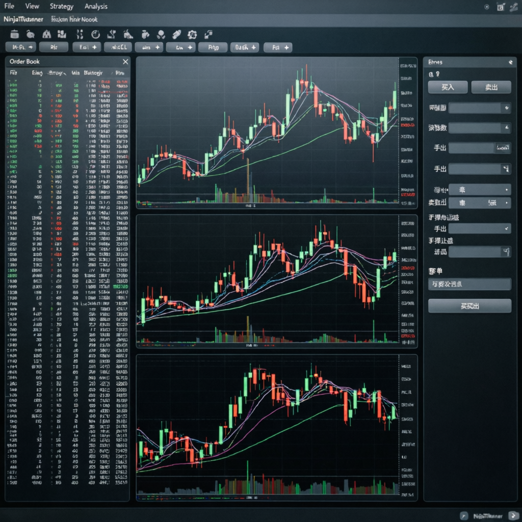 NinjaTrader trading platform interface with multiple futures charts and order book