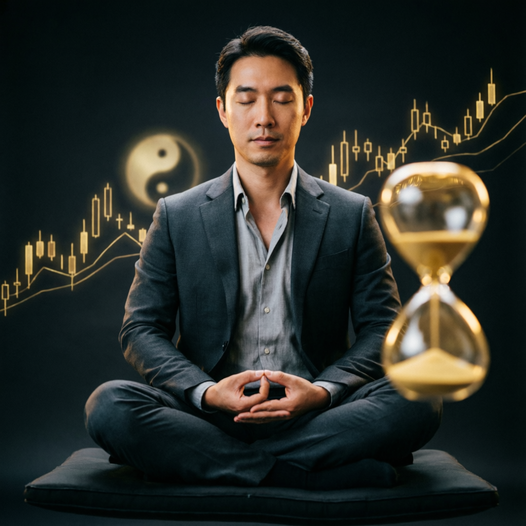 Professional trader meditating with trading charts in background representing trading psychology and discipline