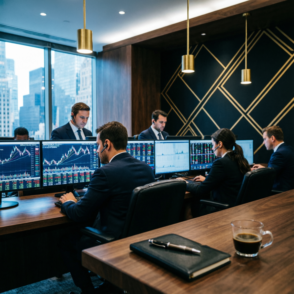 Professional trading team working together in modern trading floor environment