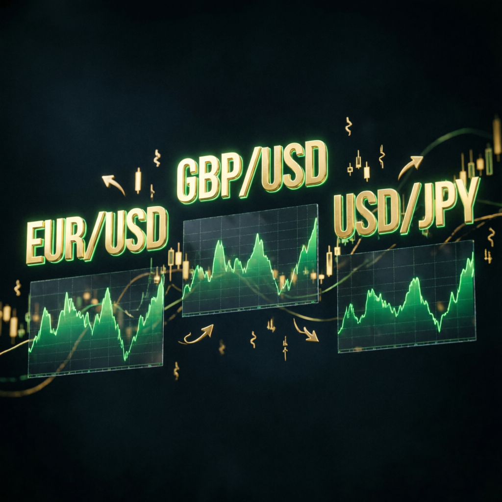 Forex trading pairs EUR/USD, GBP/USD, and USD/JPY with chart visualizations
