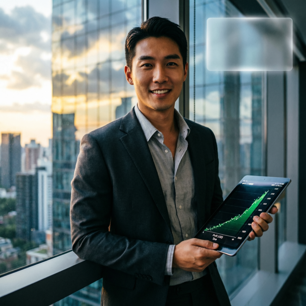 Successful trader with profit chart on tablet