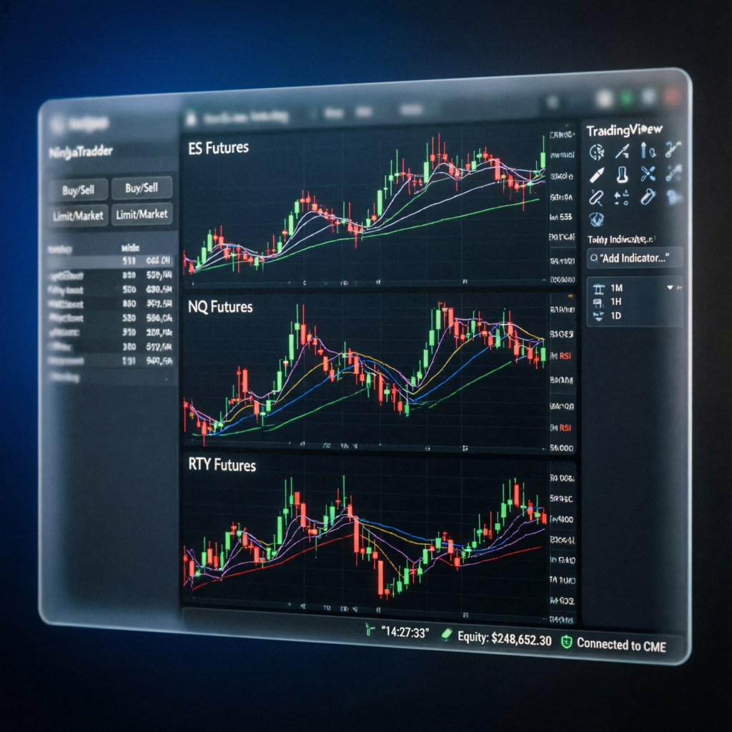 Trading platforms showing futures charts with risk management
