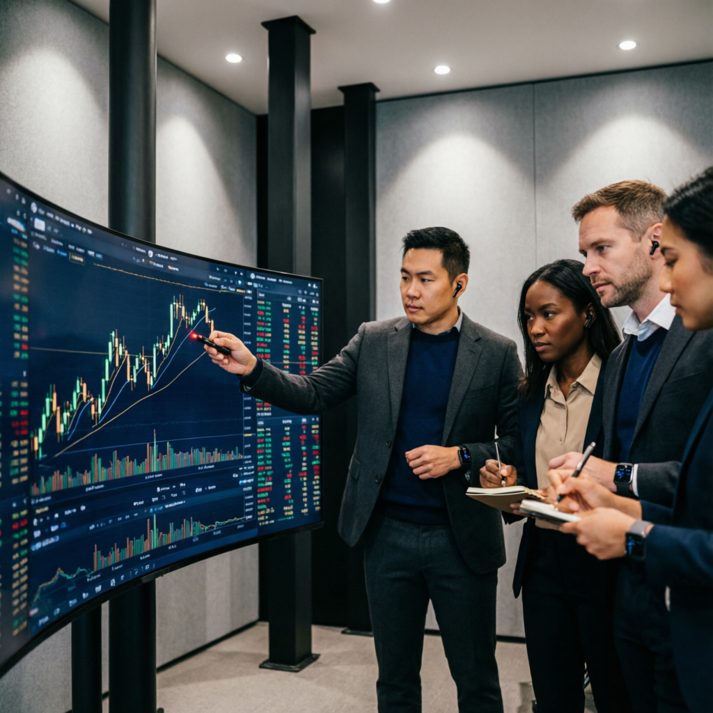 Professional trading team analyzing charts and market data