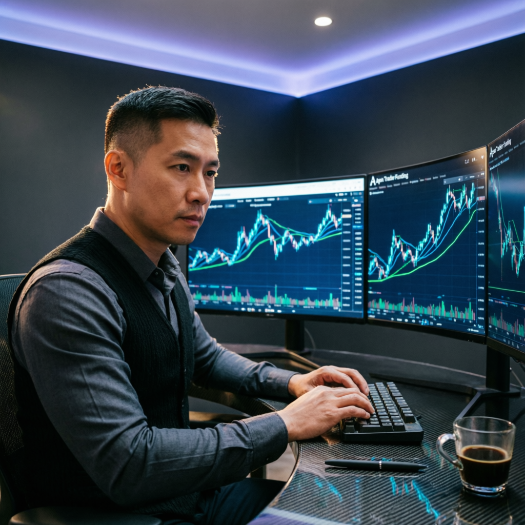 Professional trader using Apex Trader Funding dashboard with multi-monitor setup