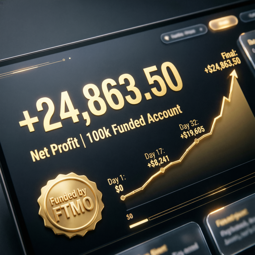 100k funded account net profit showing $24,863.50 gain