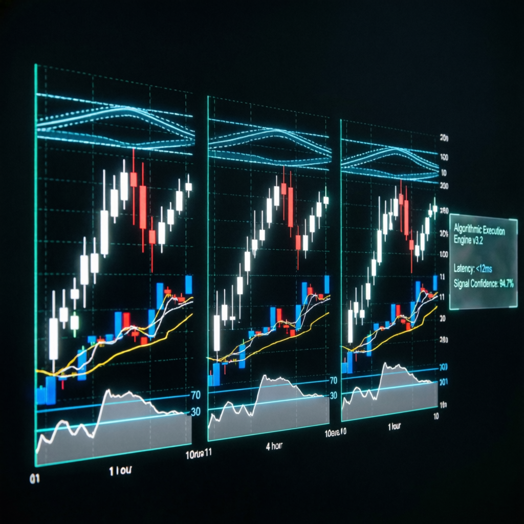 Professional trading strategy with candlestick charts and technical indicators
