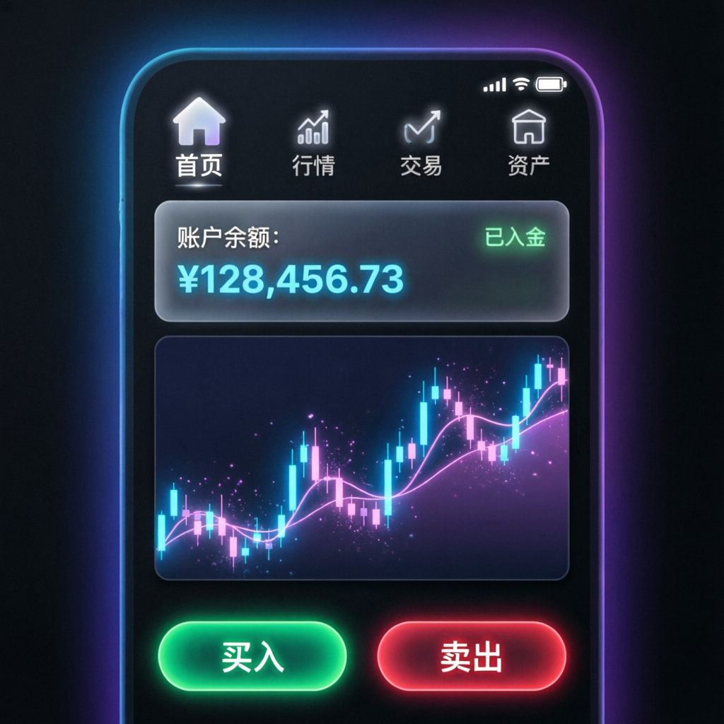 Mobile trading app interface showing funded account with charts