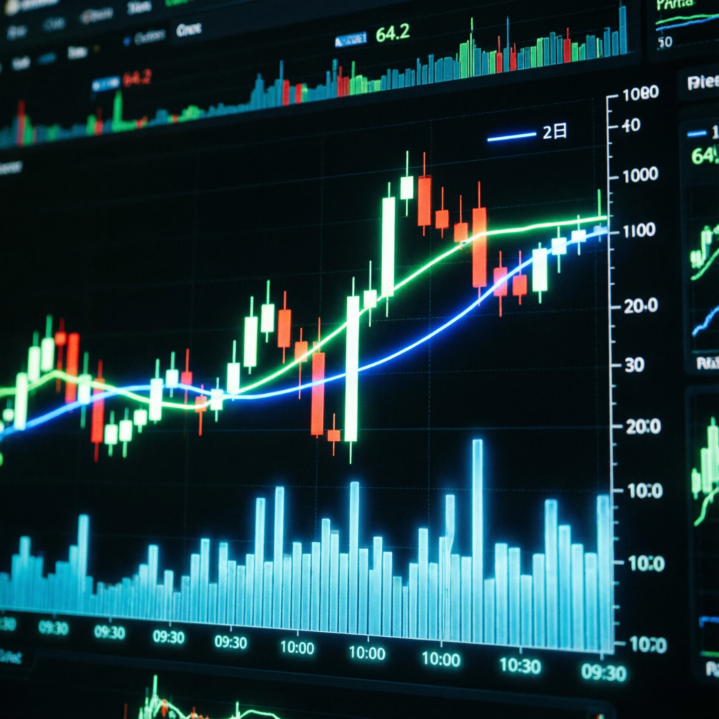 Detailed futures trading chart with candlesticks and technical indicators