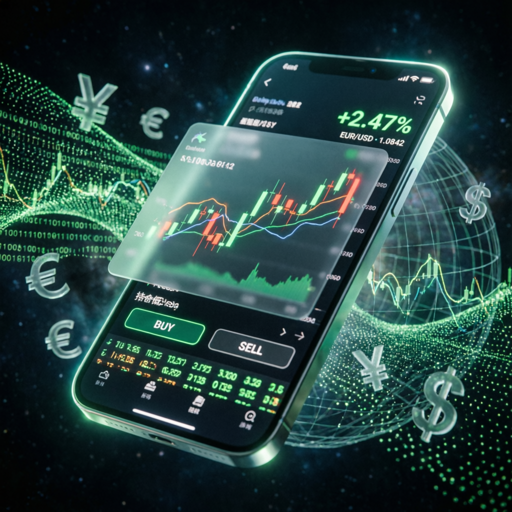 Mobile trading app with glassmorphism UI showing forex charts