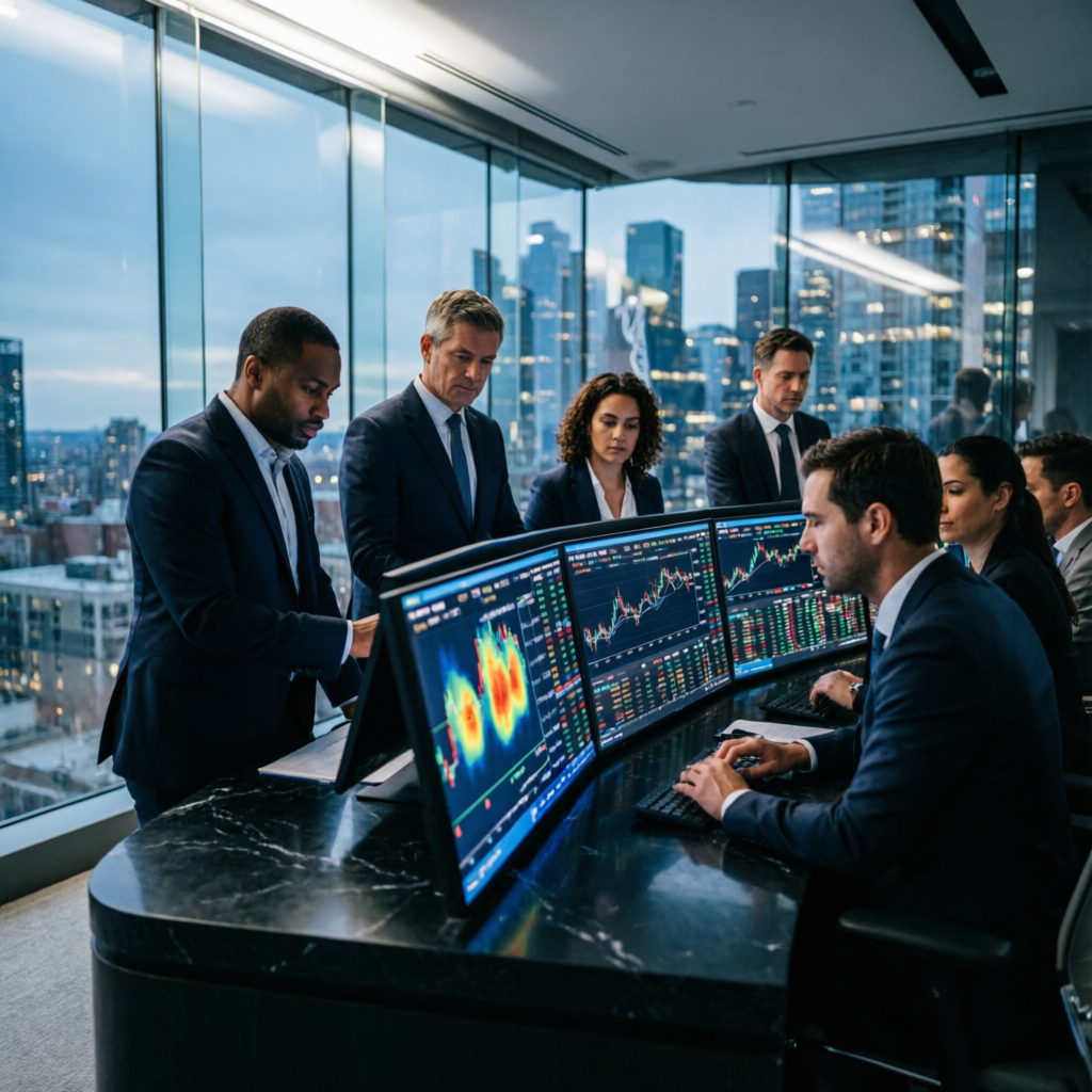 Professional trading team analyzing markets together