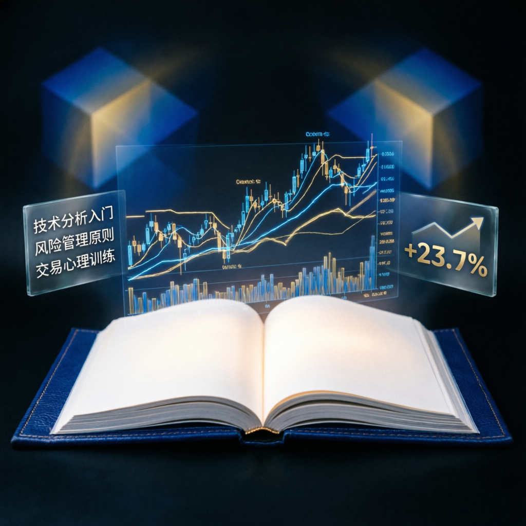 Trading education book with holographic charts