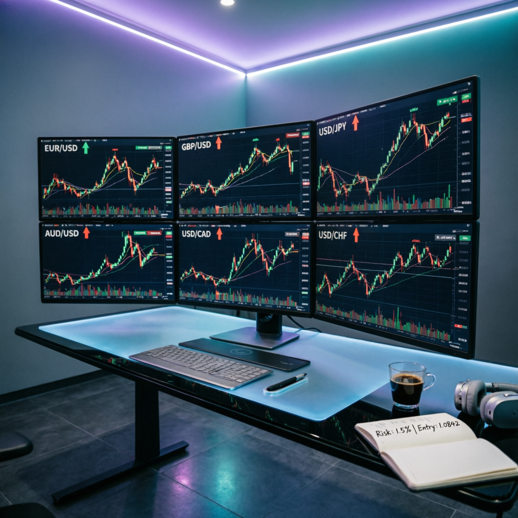 Professional multi-screen trading setup with multiple currency pairs