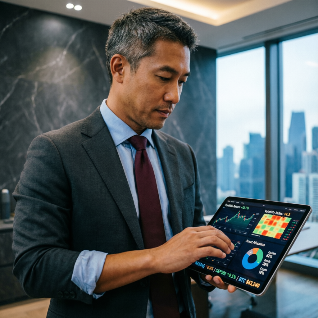Professional trader reviewing performance analytics on tablet device