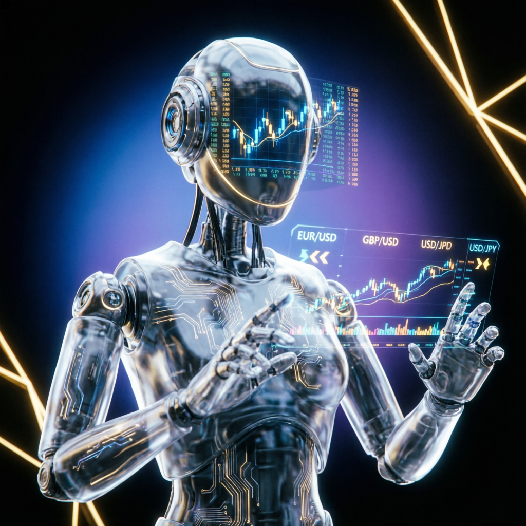 AI trading robot analyzing forex charts for prop firm challenge passing