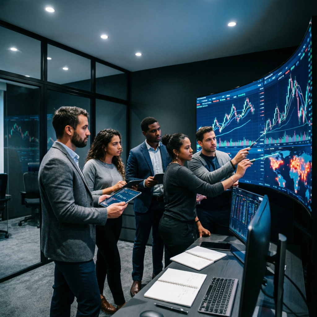 Professional trading team analyzing prop firm challenge data and performance metrics
