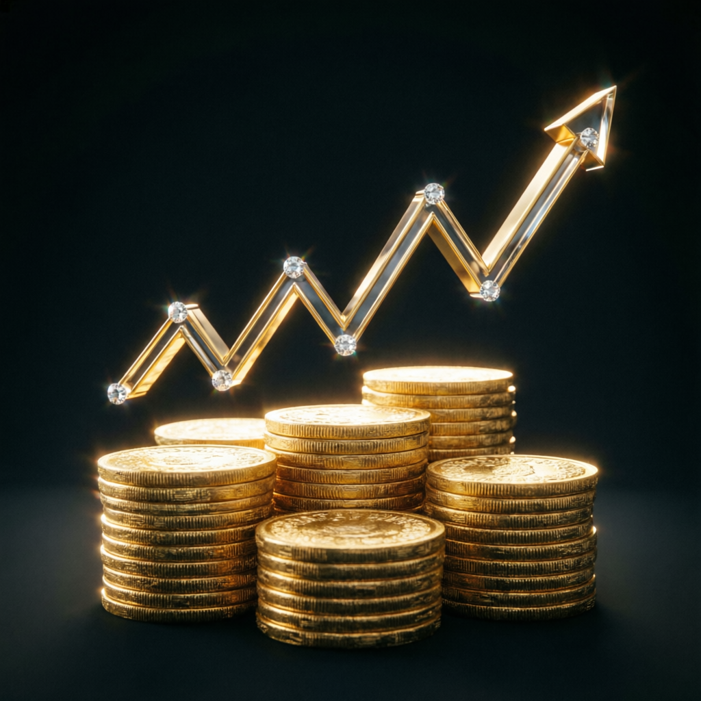 Financial growth with gold coins representing funded account profits and scaling