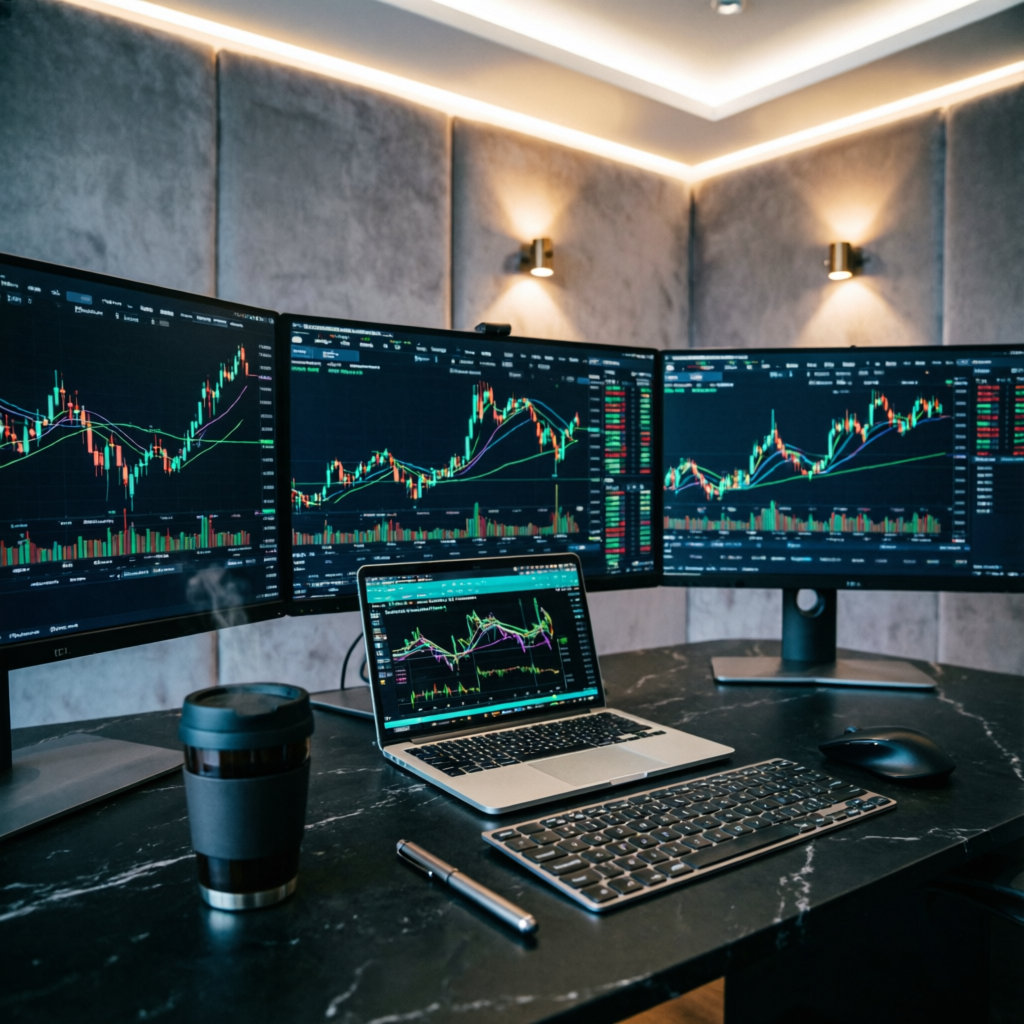 Professional forex trading workspace with multiple monitors showing prop firm challenge analysis