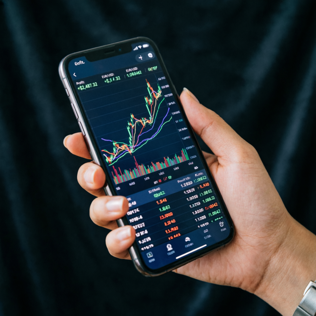 Mobile forex trading showing prop firm account management on smartphone