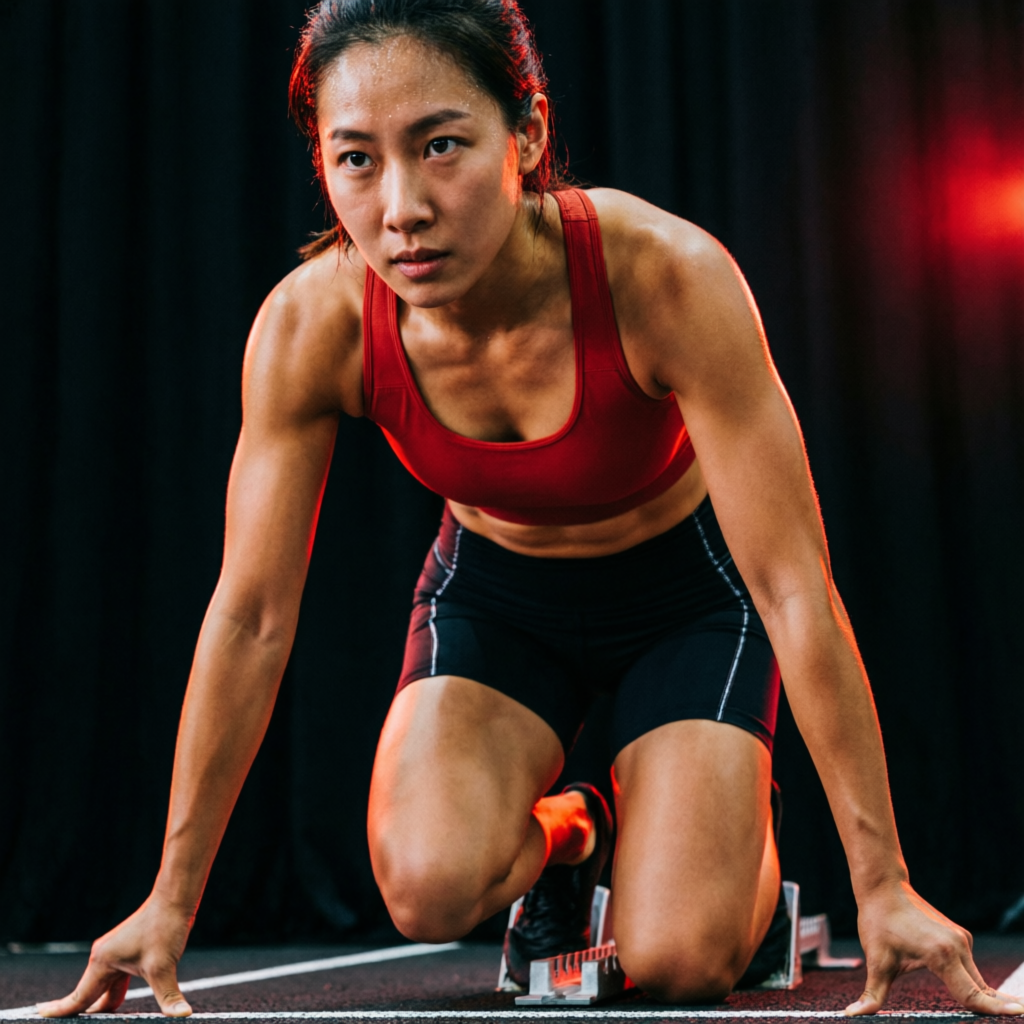 Entrenadora fitness en posición de sprint