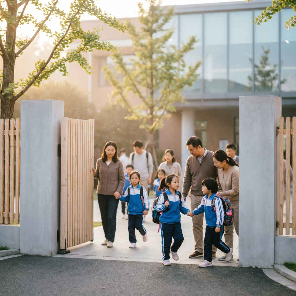 Familias y estudiantes llegando al colegio en la mañana