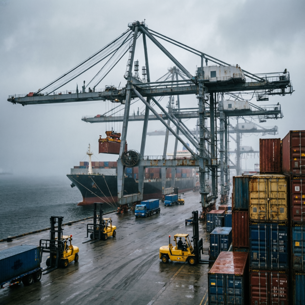 Cargo port with cranes loading containers