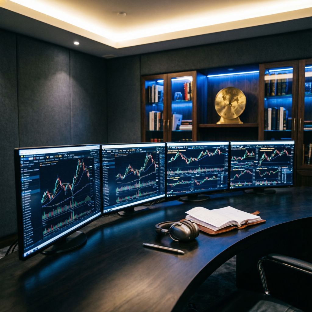 Premium multi-monitor trading setup with professional desk and ambient lighting
