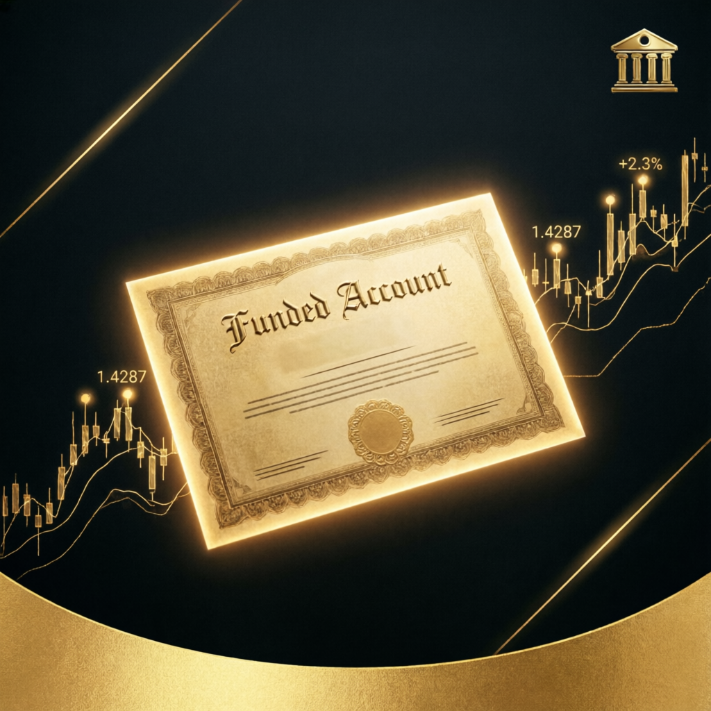 Funded account certificate with golden forex charts representing successful funded account management