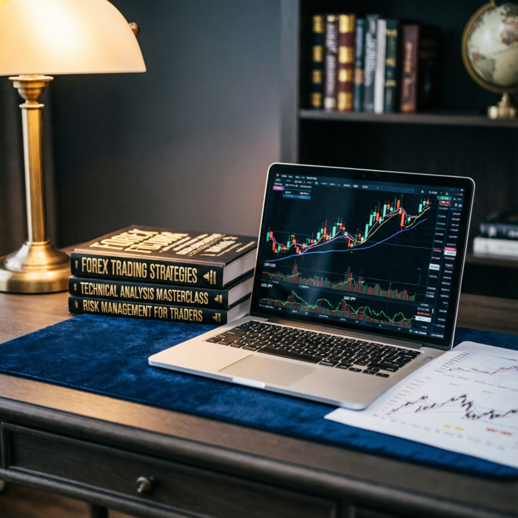 Professional forex education setup with trading books and laptop showing live charts