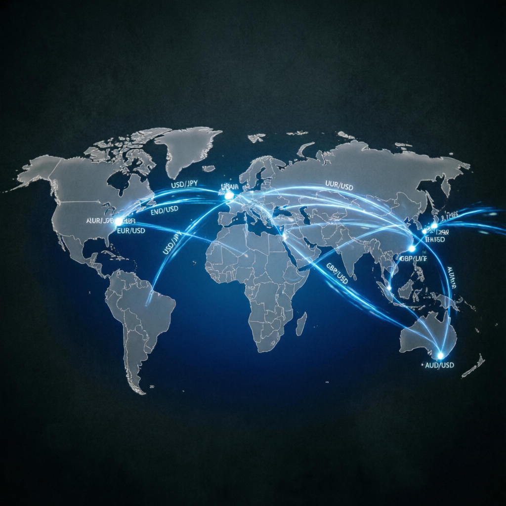 Global forex market map showing currency pairs and international trading connections