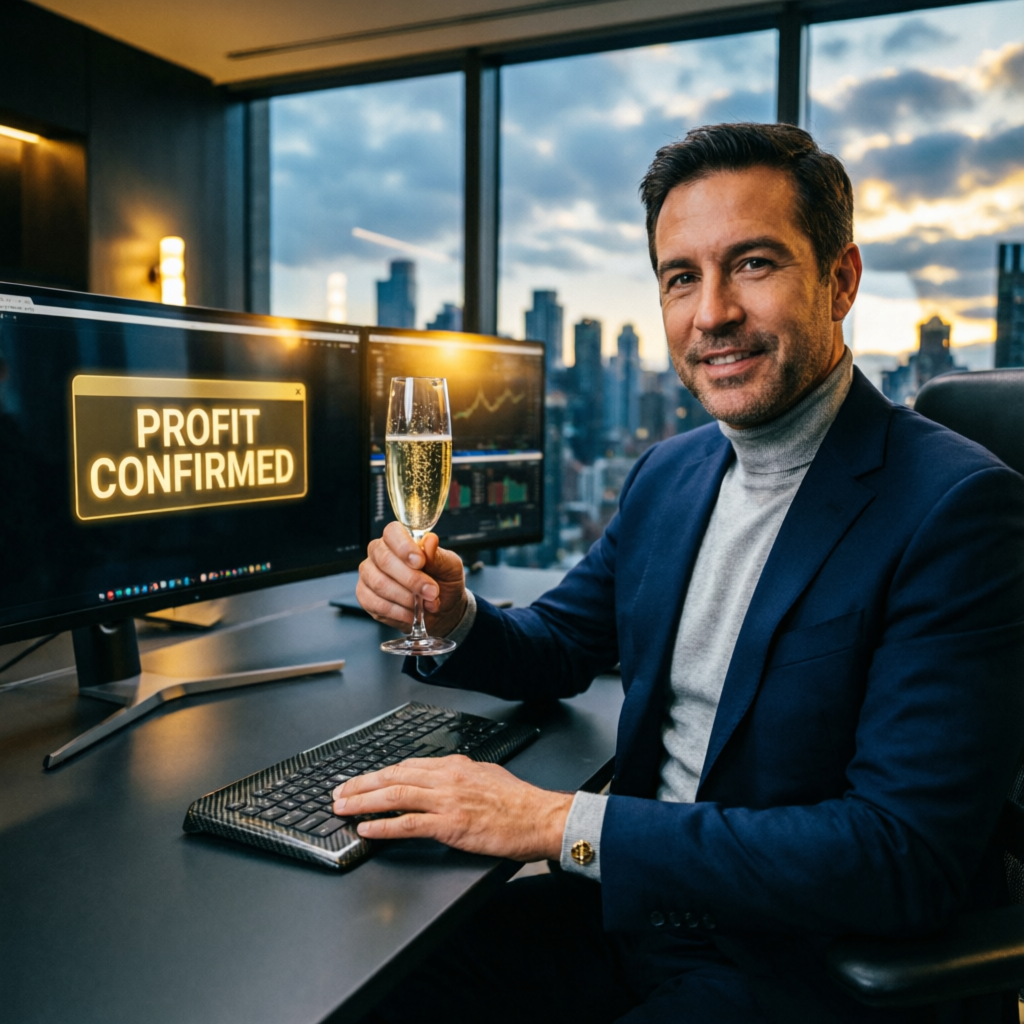 Successful trader celebrating profit confirmation with champagne at trading desk