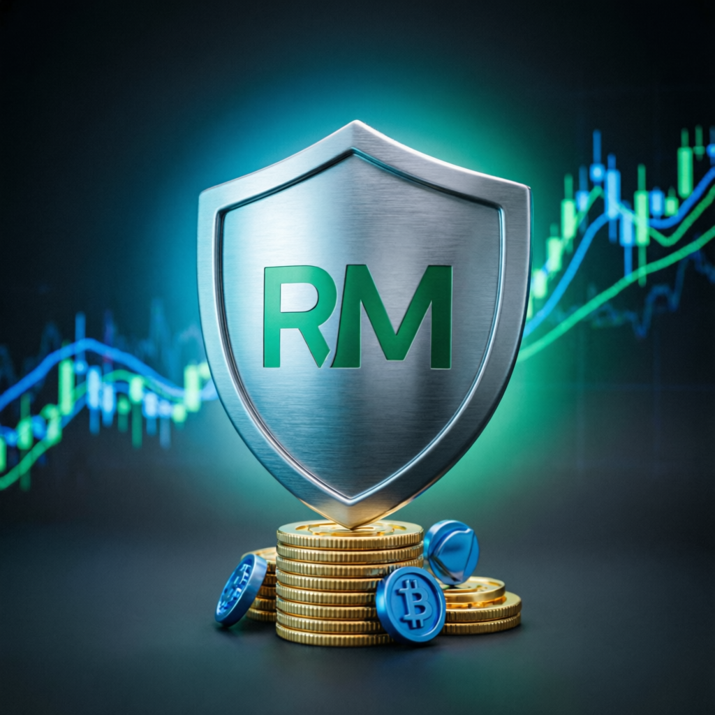 Risk management shield protecting trading capital with forex charts in background
