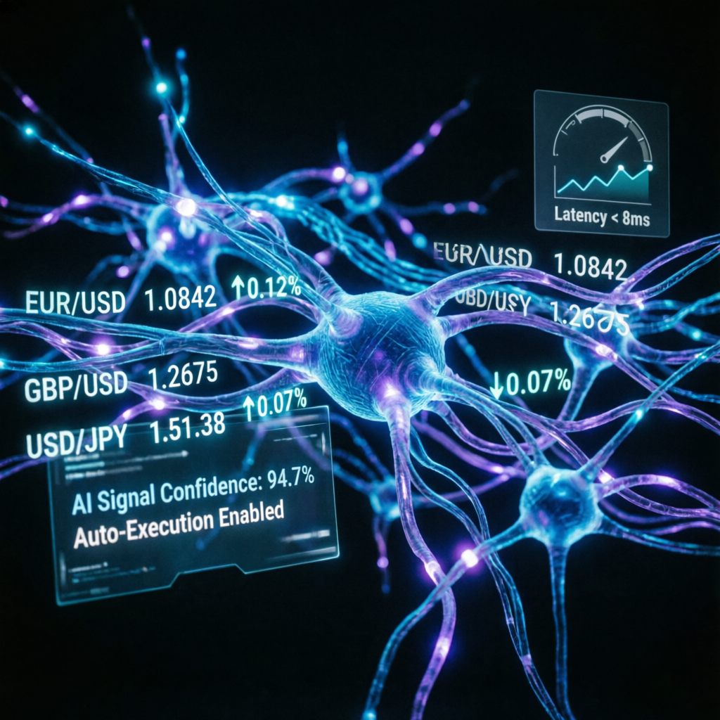 Advanced AI trading technology with neural network patterns and forex data visualization