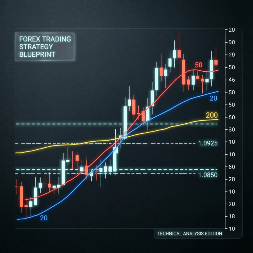 Forex trading strategy blueprint with technical analysis indicators and moving averages