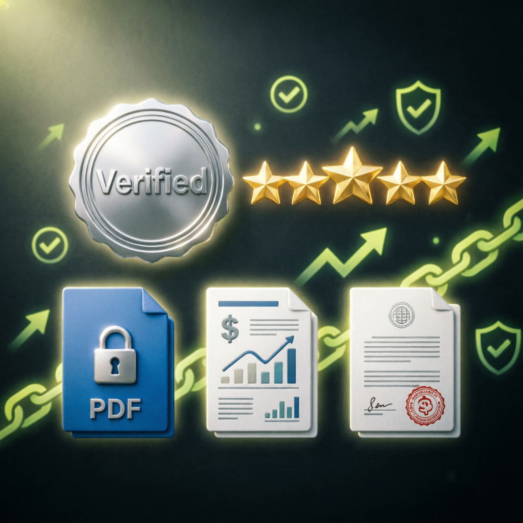 Trust and verification badges with 5-star ratings and secure financial documents