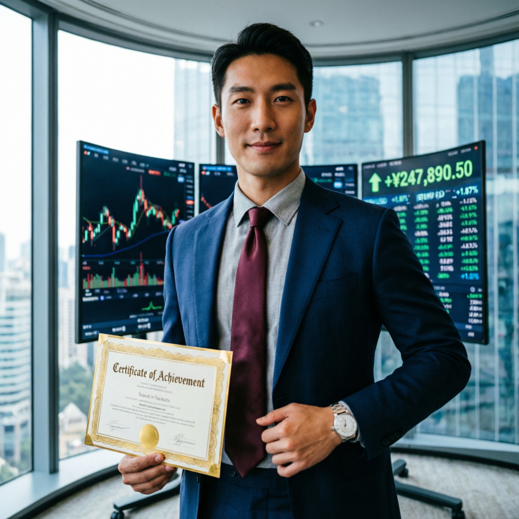 Professional trader holding certificate of achievement in front of trading screens showing profits