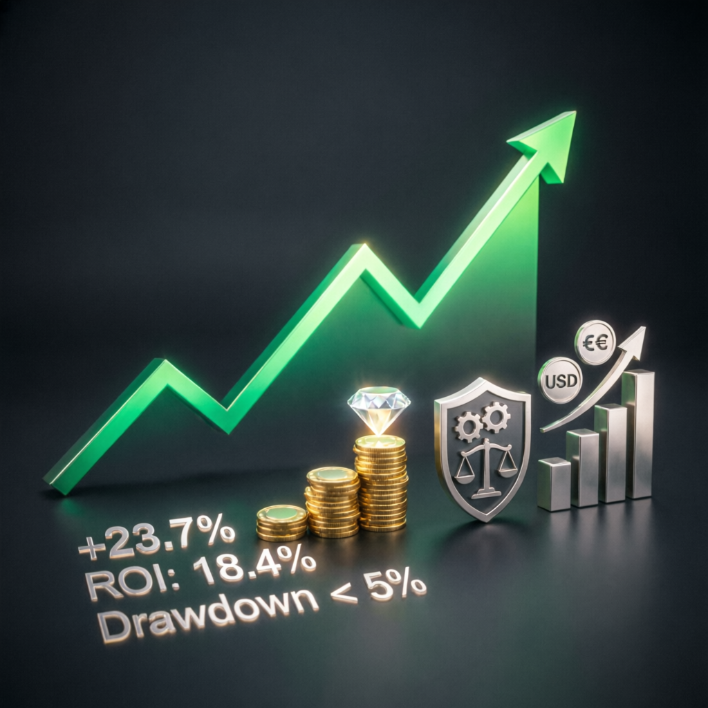 Trading growth chart showing consistent profits and low drawdown