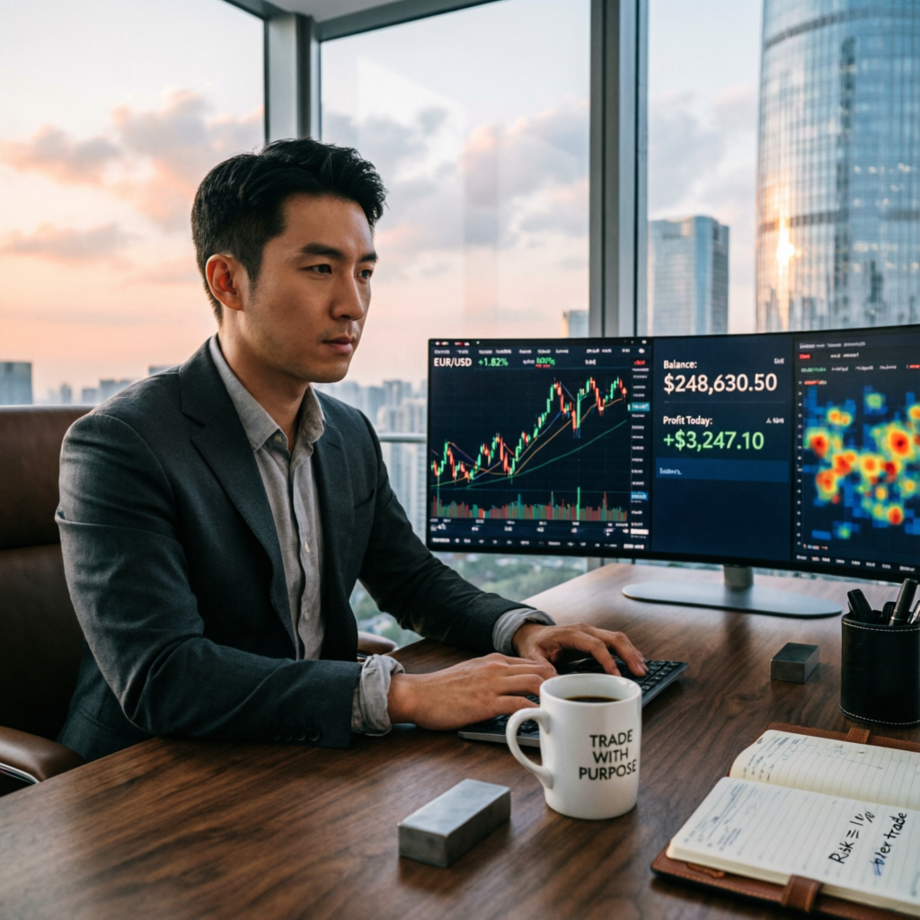 Professional trader reviewing profitable trading results on dual monitors