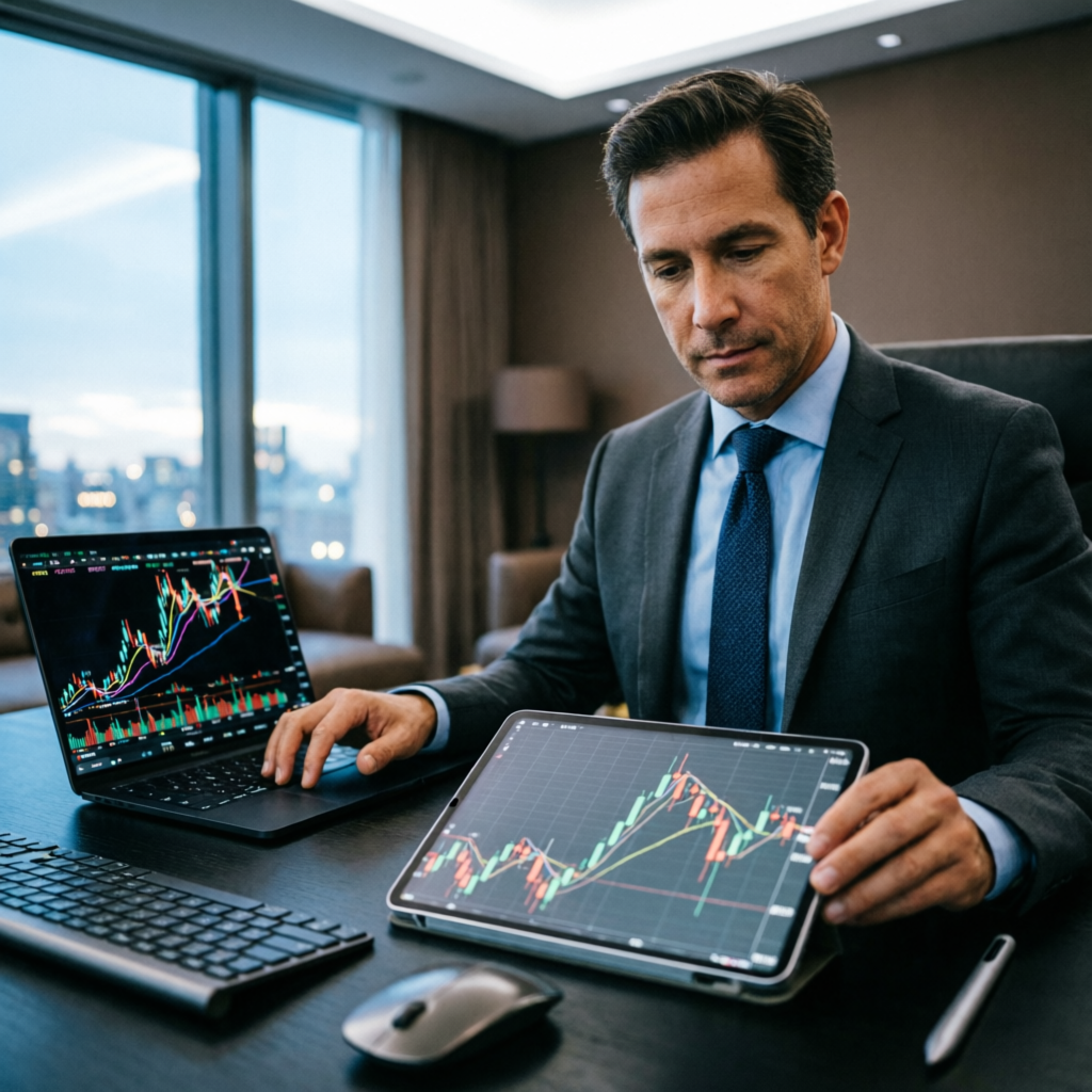 Professional forex trader analyzing trading charts on laptop and tablet