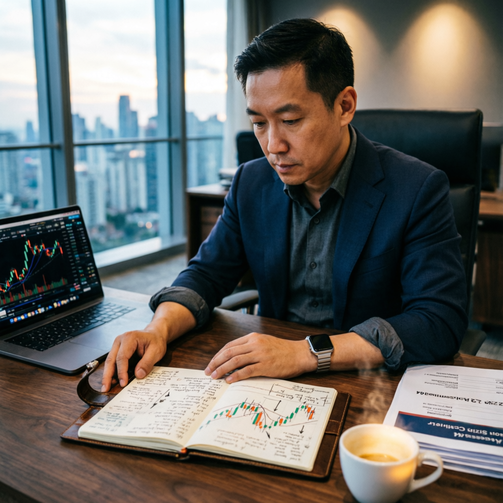 Forex trader writing trading strategy notes in journal with charts visible on laptop