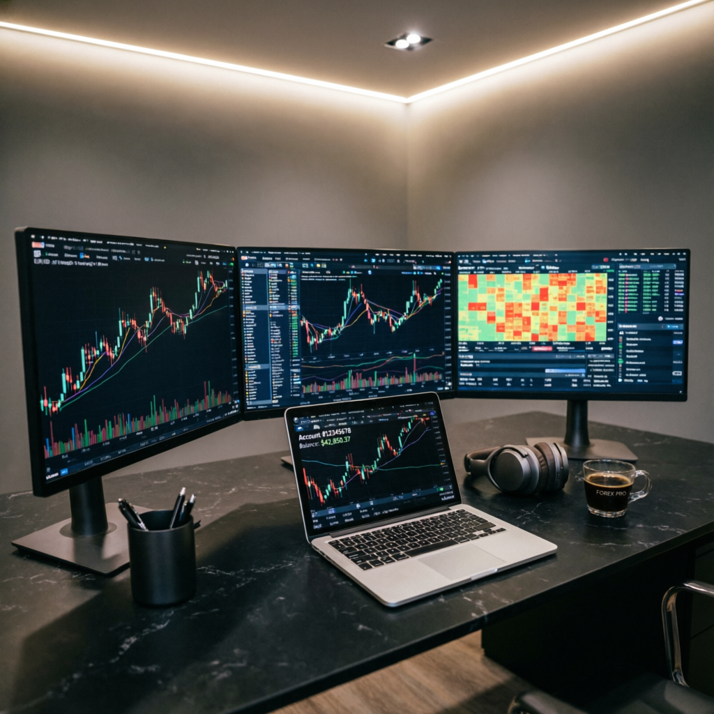 Professional forex trading workspace with multiple monitors showing prop firm trading charts